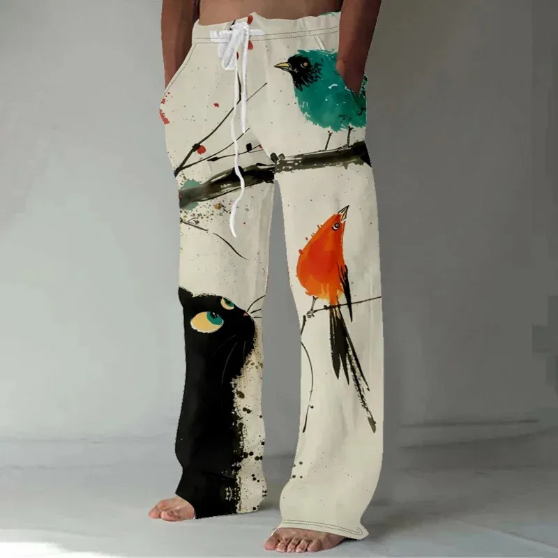 Men's Japanese Art Crane Print Loose Pants Harajuku Men's Wide Leg Pants Cat and Bird on Branch Trousers Streetwear