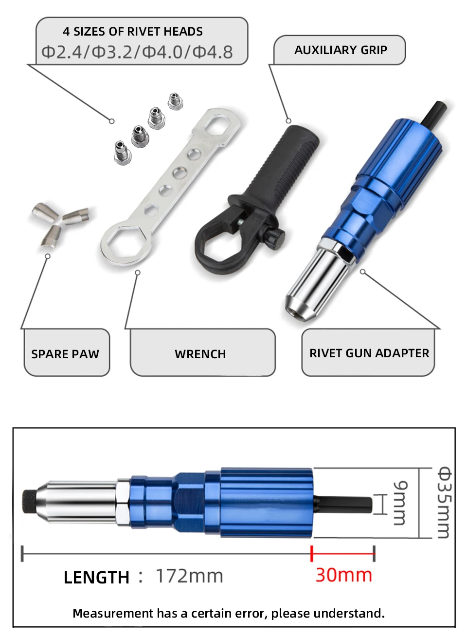 Electric Rivet Gun 2.4mm-4.8mm Rivet Nut Gun Drill Adapter Cordless Riveting Tool Insert Nut Pull Rivet Tool