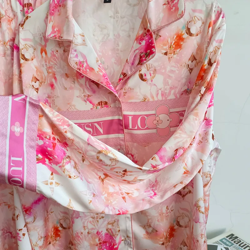 Conjunto de pijama de lapela de seda gelo feminino, imitação de mangas compridas, high-end rosa, casual, confortável