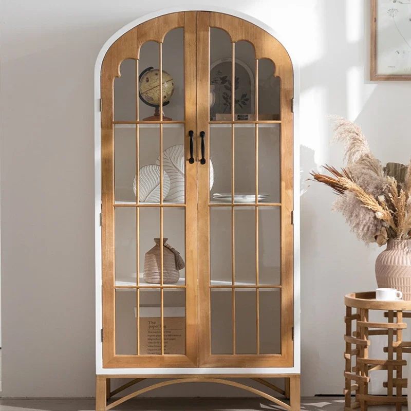 

Bookcase with glass door Household solid wood wine cabinet against the wall Living room wabi-sandy retro