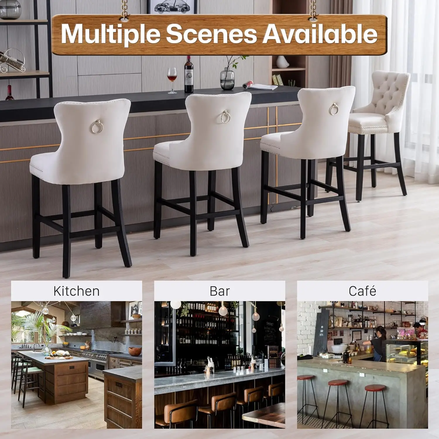 Bar Stools Set of 6 Velvet 26 Inch Seat Height Counter Height Barstools Button Tufted Backrest Rivet Trim Bar Chairs for Kitchen