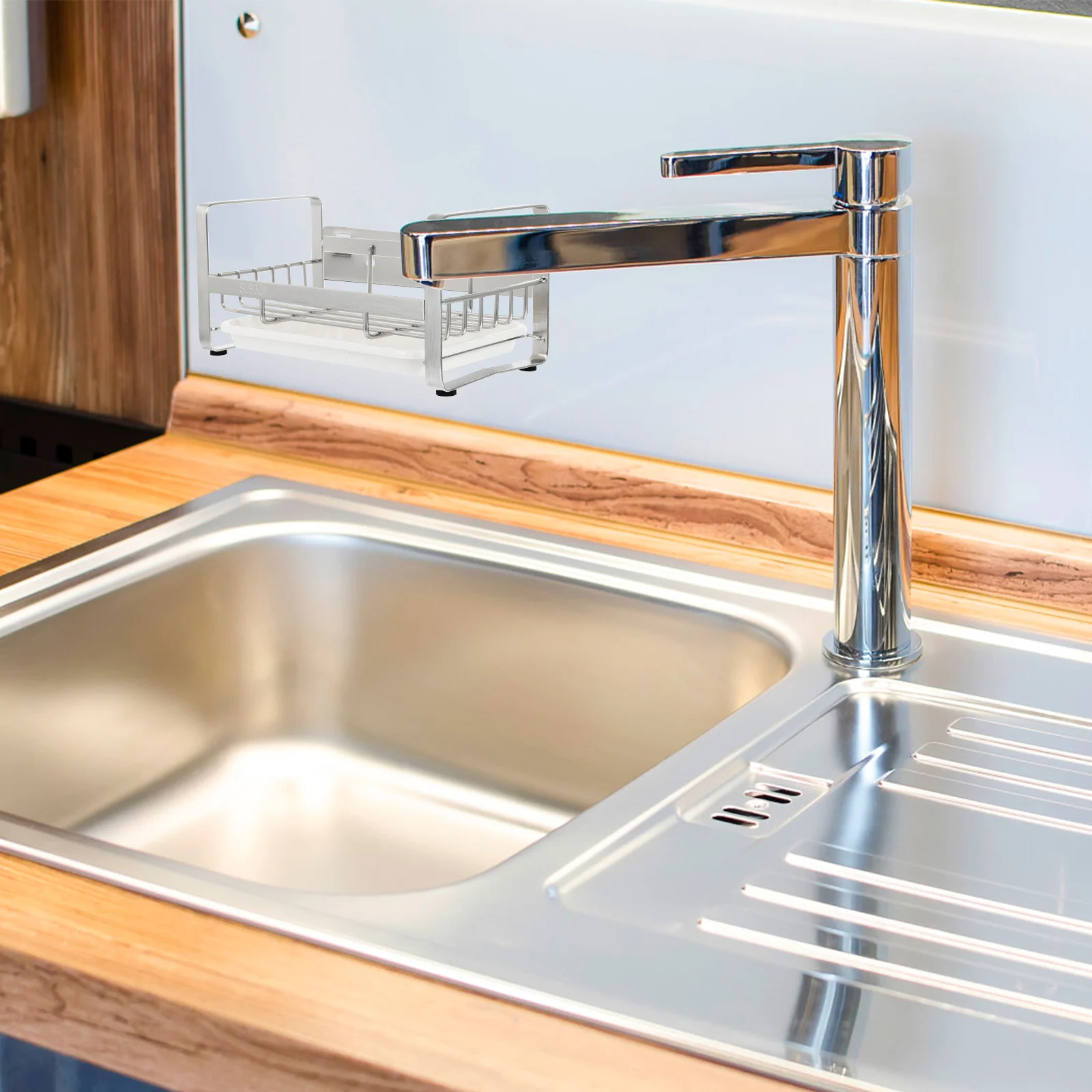 

Stainless Steel Dish Drainer Rack Kitchen Sink With Drip Tray Storage Organizer For Sponge Brush Soap Holder