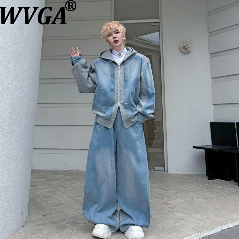 WVGA 2026 Spring New Men Hooded Patchwork Color-Block Trendy Denim Jacket Niche Chic Casual Wide-Leg Jeans Two Pieces Set W18881