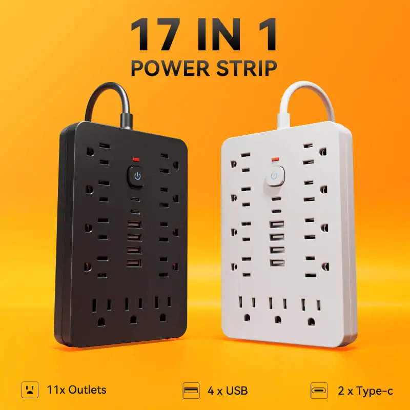 17-Port Power Strip with 11 AC Outlets, 4 USB Ports & 2 Type-C Fast Charging Ports, Versatile with Surge Protection