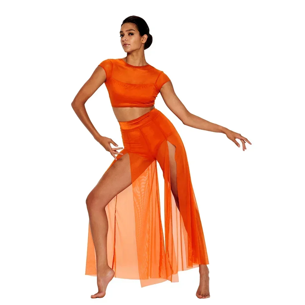 MiDee Modern Ballet Dance for Women Mesh Top Wide Leg Pants Attached 2 Piece Lyrical Outfits Ballerina Girl Kids Stage Costume