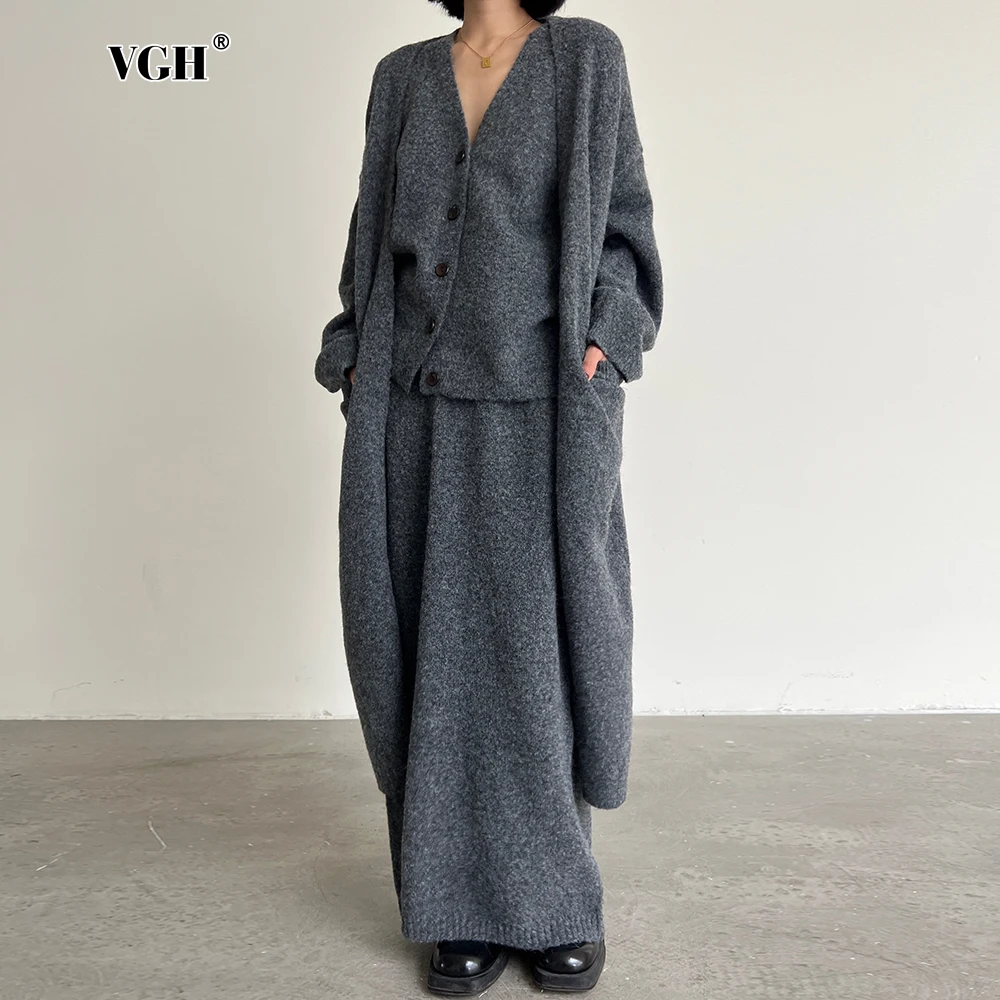 

VGH Solid Minimalist Three Piece Sets For Women Long Seeve Coat V Neck Spliced Button Waistcoat High Waist Skirt Knit Set Female