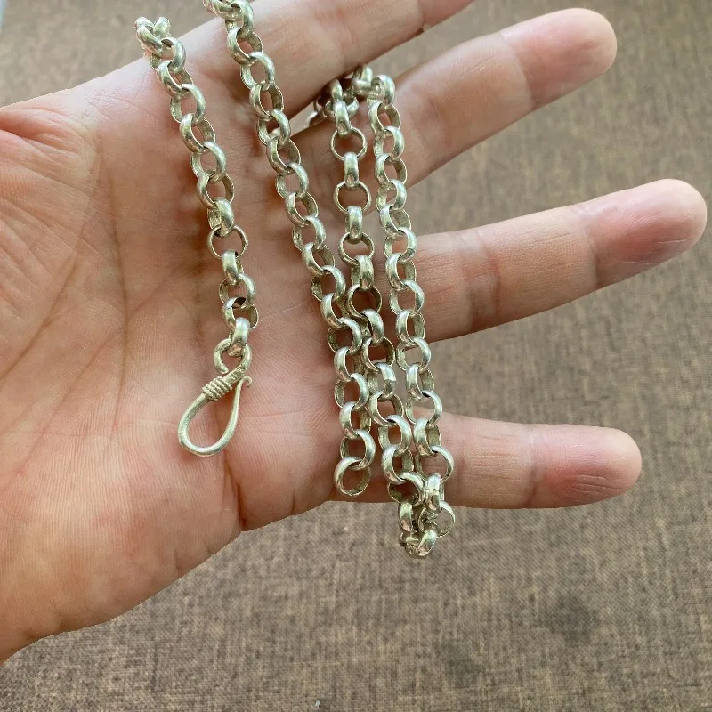 White Copper Rolo Link Chain Necklace, Vintage S-Hook Clasp, Unisex Retro Silver Tone Daily Streetwear Jewelry
