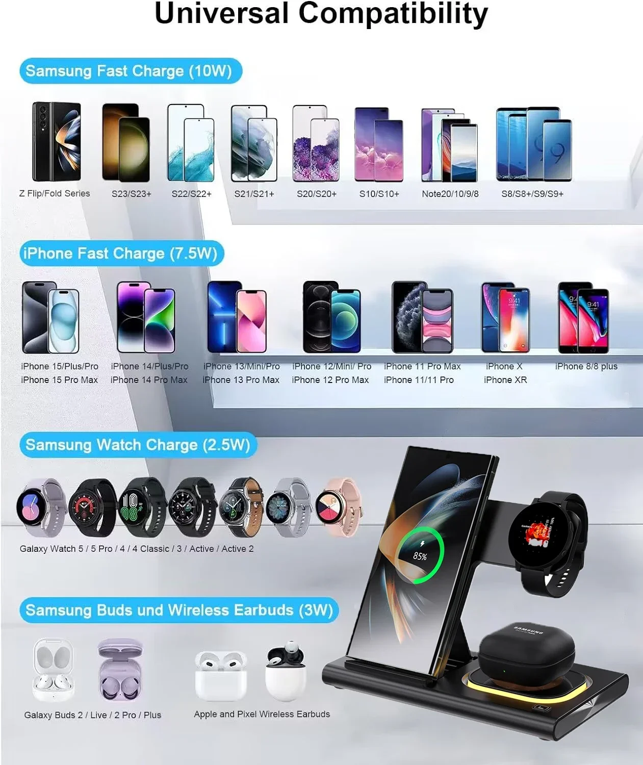 3 in 1 LED Foldable Wireless Charger Stand For Samsung S24 S23 S22 Watch 6 5 4 Active 1 2 Galaxy Buds Pro Fast Charging Station