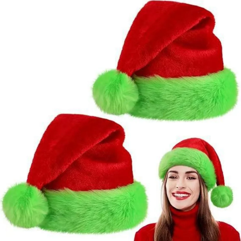 Santa Claus Hat Lightweight Plush Christmas Cap Christmas Hat Reusable Green Fur Brim Hat For Christmas Party Holiday Decoration