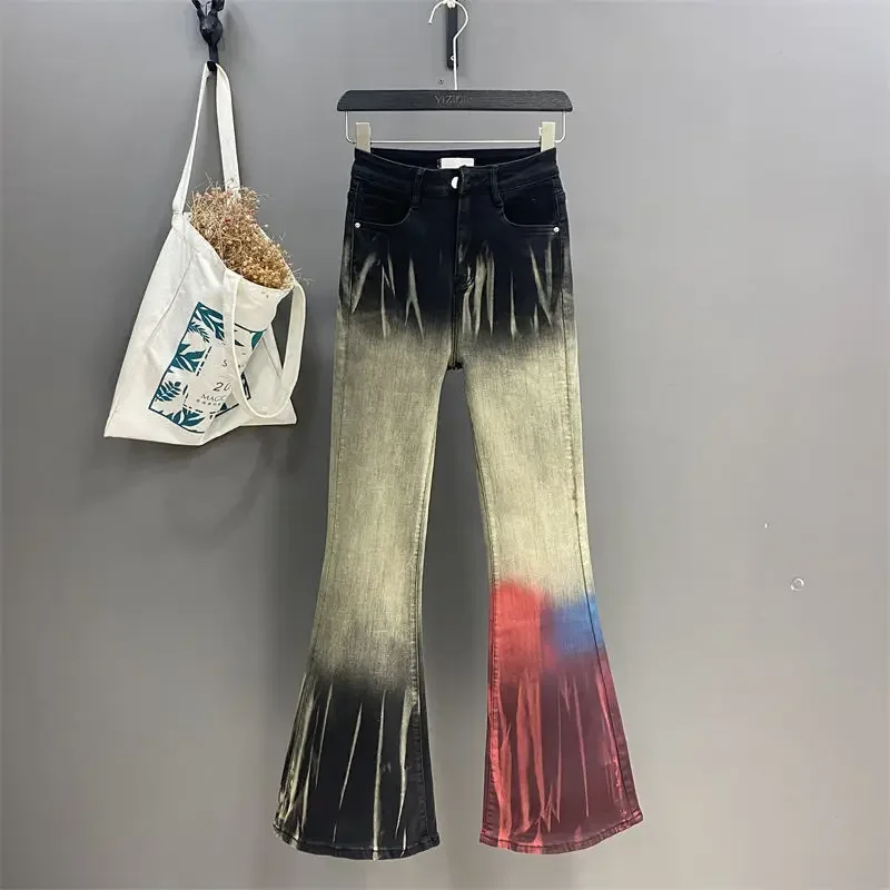 Spring Jeans Women Mid Waist Flares Pants Ladies Contrast Color Trousers For Women Fashion Panelled Pantalones Mujer