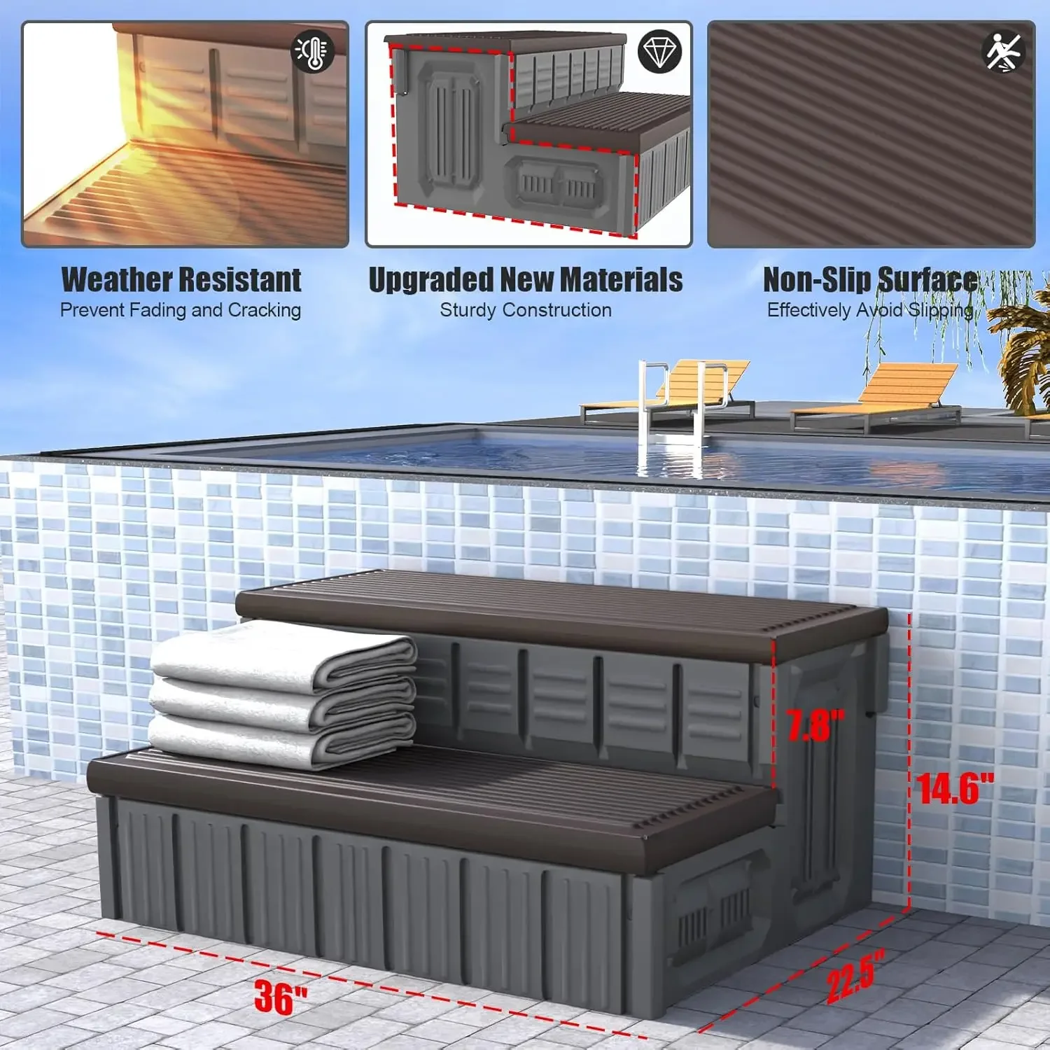 ホットタブステップ、屋外スパステップ（収納付き）、滑り止め＆頑丈なホットタブ階段、長さ36インチ、ブラック