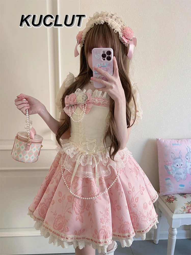 Jsk – robe Lolita en Jacquard pour femmes, douce et mignonne, courte et moelleuse, rose, robe de princesse élégante, nouvelle collection été 2025