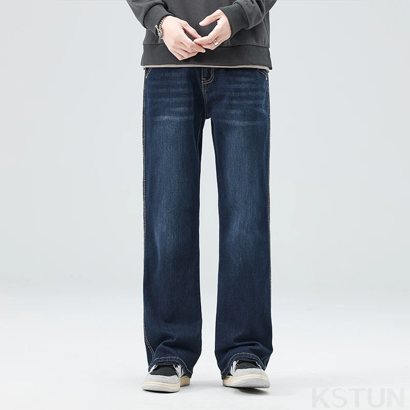 KSTUN Dark Blue Jeans Men Stretch Loose Fit Wide Leg Baggy Pants Bell Bottom Streetwear Men's Trousers Full Length Mens Clothing