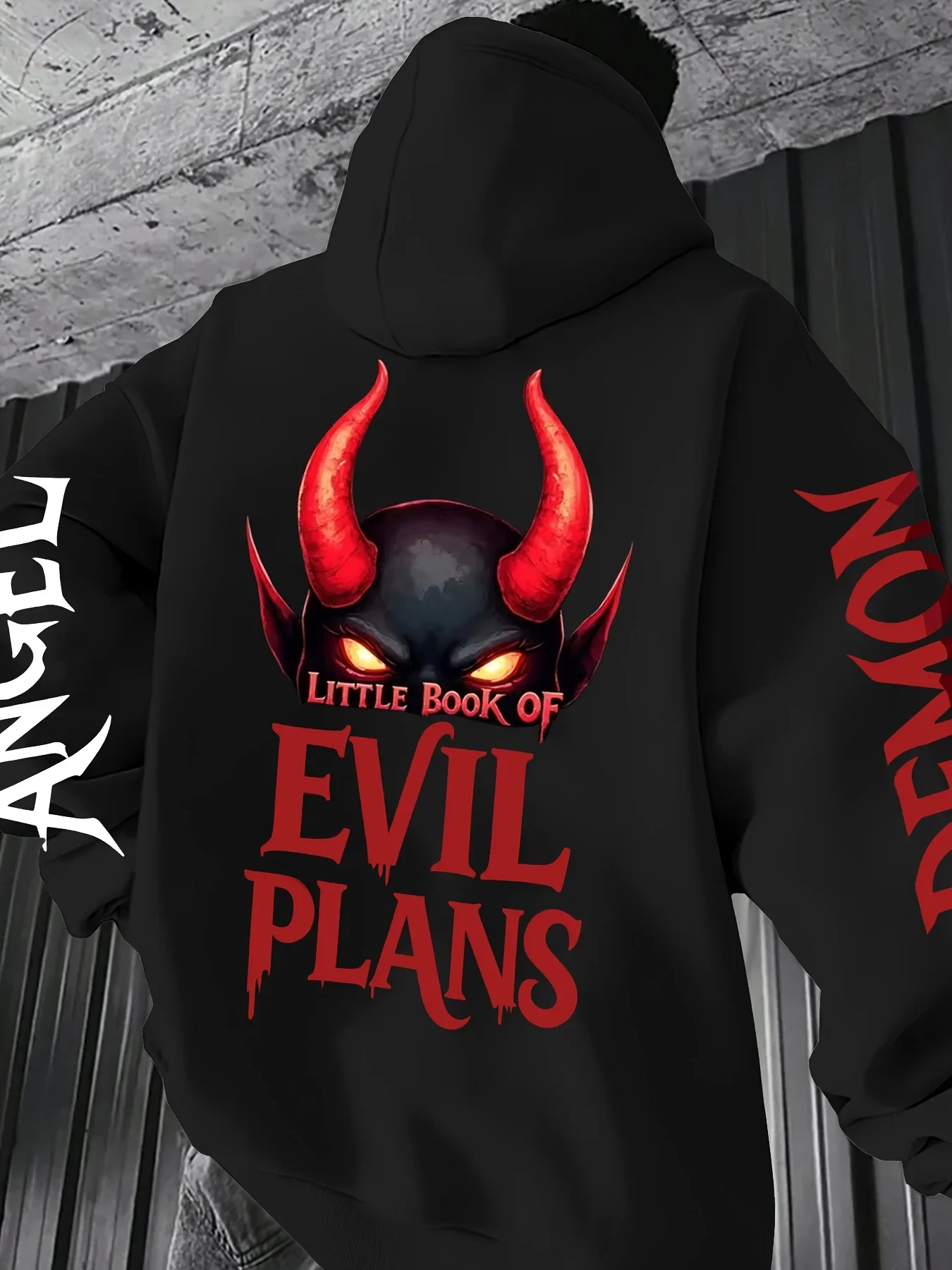 Men’s Hoodie Devil Horn Demon Angel Graphic Back Sleeve Print Dark Punk Hip Hop Loose Fleece Pullover Sweatshirt Autumn Winter