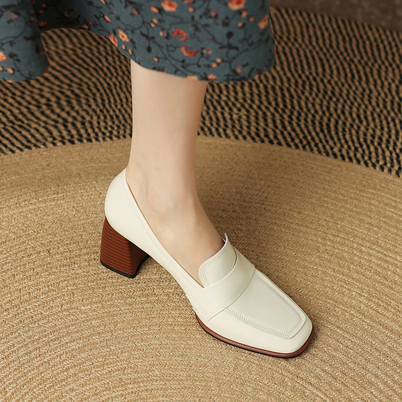 2022 Spring New GENUINE LEATHER Women Shoes LEISURE Women Slip-On Shallow Pumps Square Toe Heels Shoes Women Zapatos De Mujer