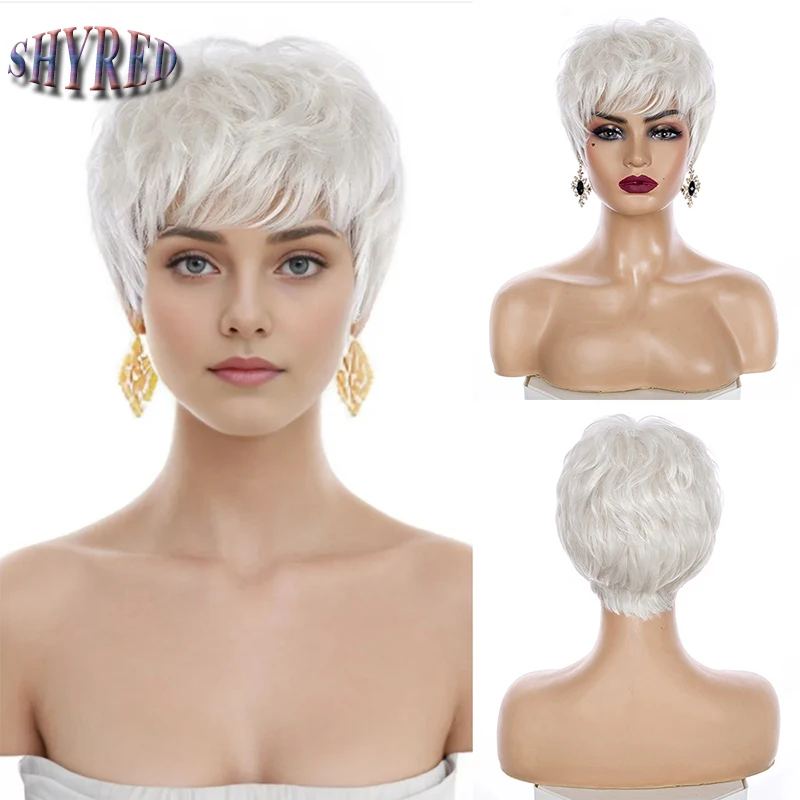 Synthetic Short Curly Pixie Cut White Wig with Bangs for Women Daily Party Fake Hair Heat Resistant