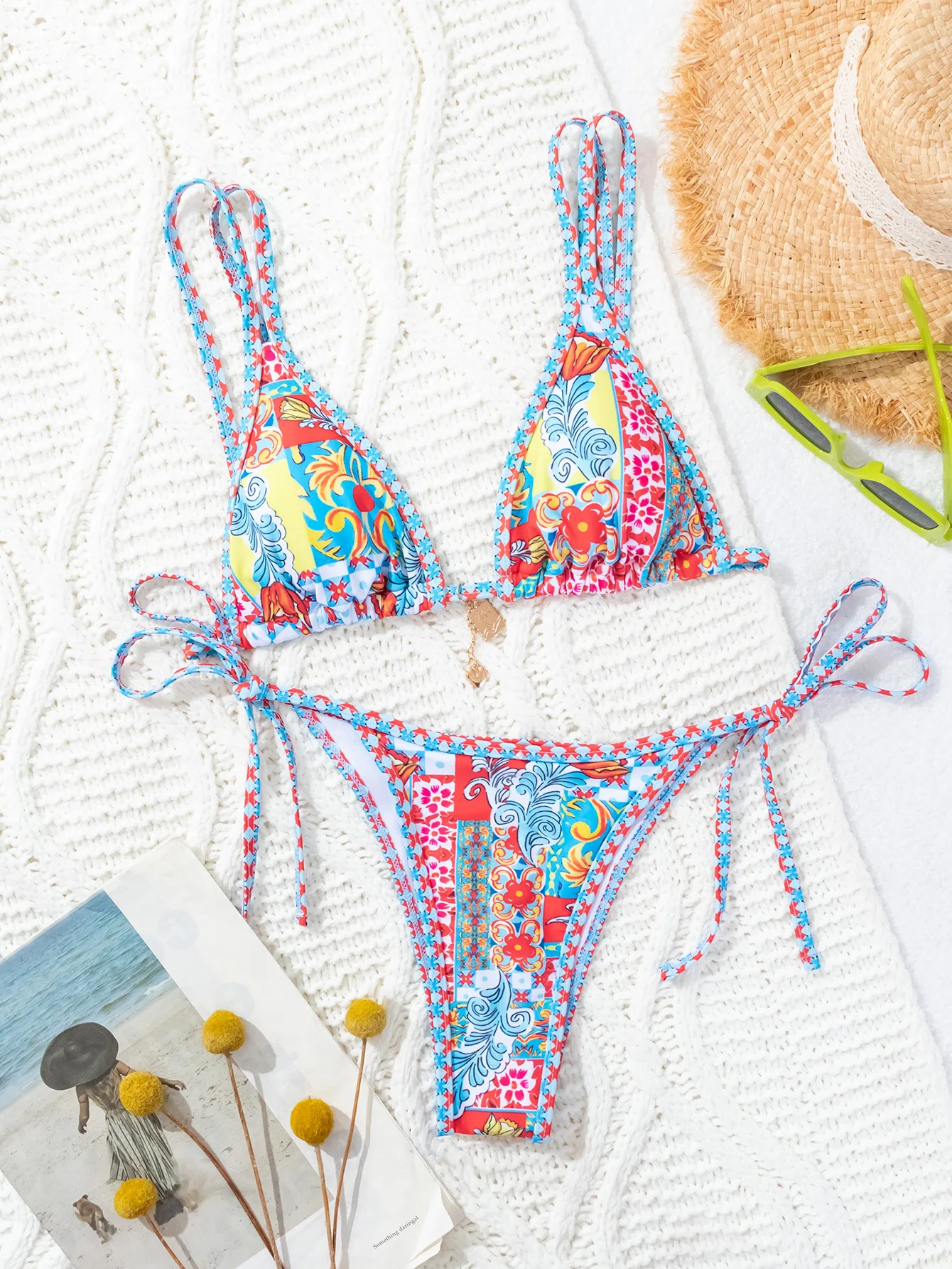 

Women's swimsuit with contrasting printed straps and sexy bikini split backless multi-color swimsuit 2025 new style