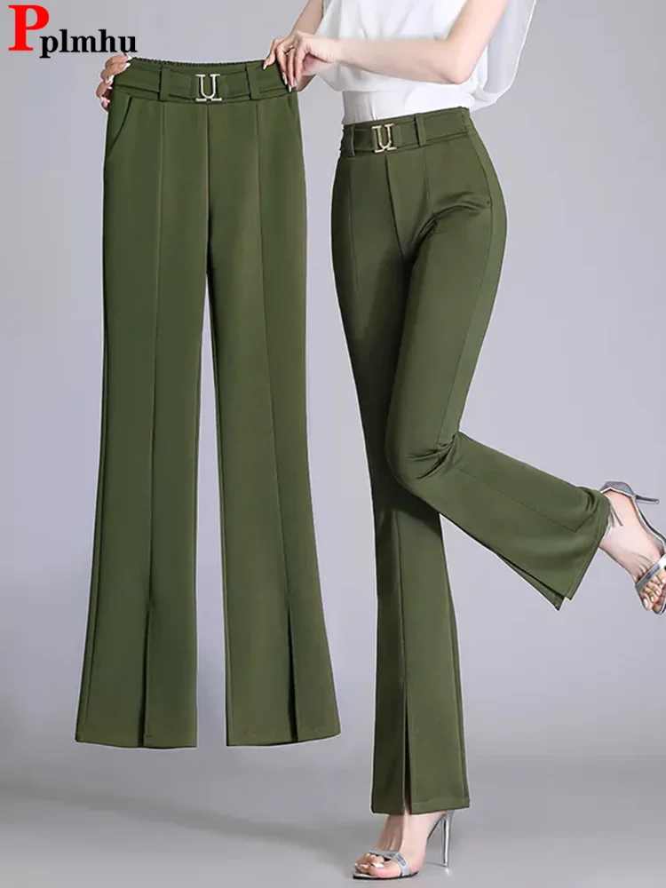 

Korean Design Slim Split Flare Pants Spring Fall Casual Elastic High Waist Boot Cut Pantalones Women Fashion Wide Leg Calca New