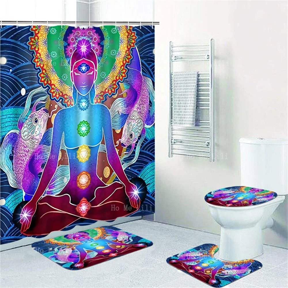 Chakra Yoga Meditation Japanese Wave Fish Mandala Flower Psychedelic Colorful Shower Curtains And Floor Mats