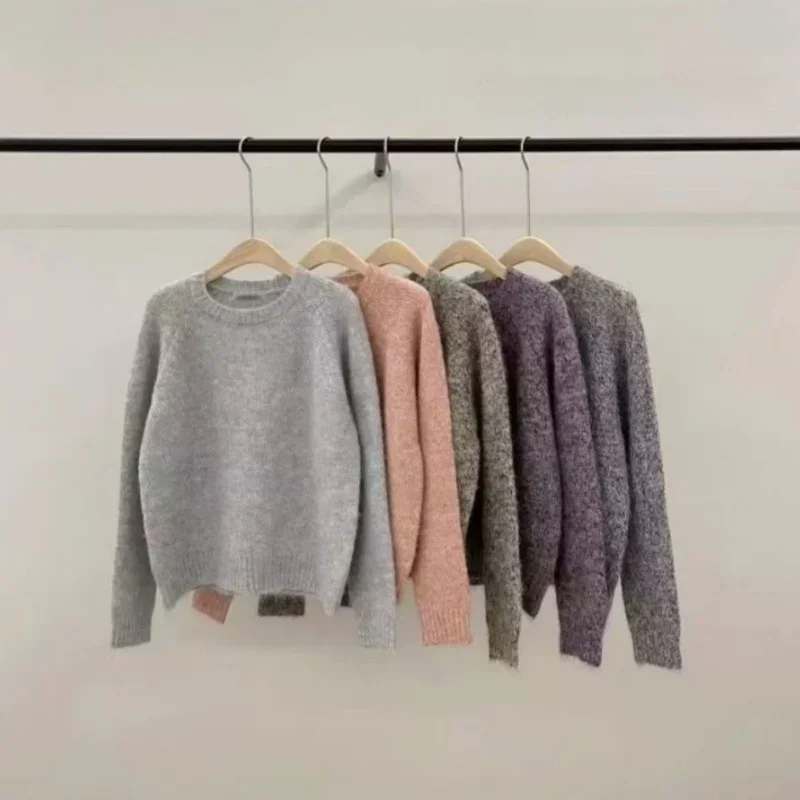 

Women's Autumn Winter New Gentle Style Long Sleeve Knit Korean Style Simple Colorful Yarn Knitted round Neck Pullover Sweater
