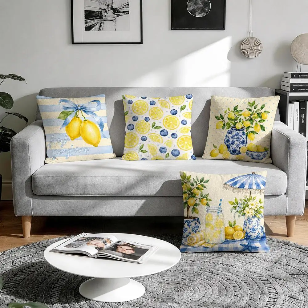 Summer Lemon Blue Theme Cushion Cover Natural Breathable Durable Linen Printed Decor Pillow Case Sofa Bedroom