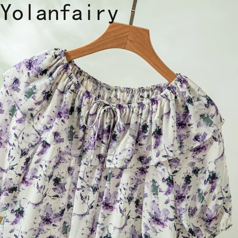 YOLANFAIRY 100% Real Mulberry Silk T Shirts for Woman Summer Fashion Floral Tee Shirt Femme Short Sleeve Shirt Blouse Womens Top