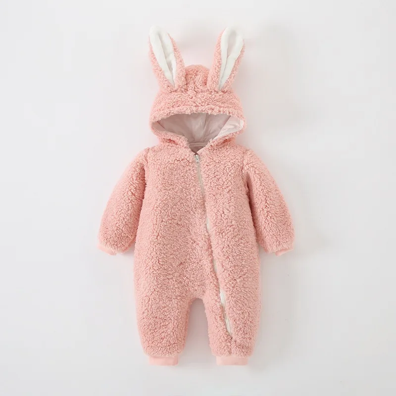 Newborn Infant Cute Bunny Ear Hooded Sherpa Romper Diagonal Zipper Thick Warm Winter Jumpsuit Plush Baby Outerwear Daily Outfit