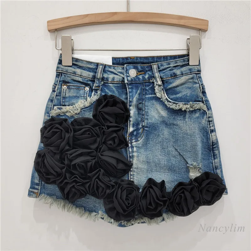 European Style Flower Design Raw Edge Denim Skirt Shorts for Women 2024 Summer New Retro Stretch High Waist A- Line Hot Pants