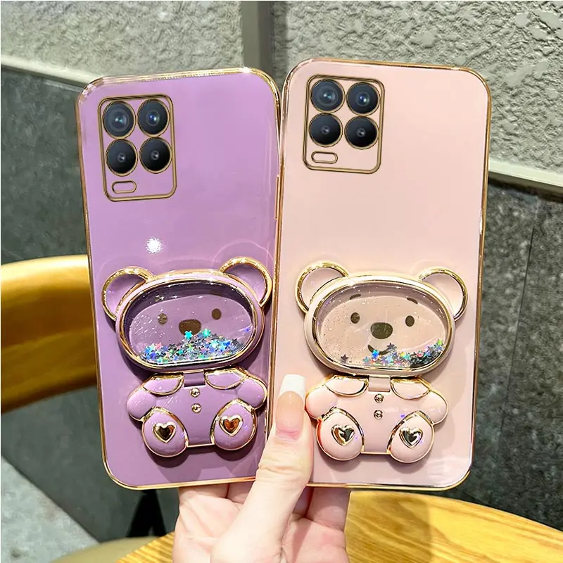 Quicksand Mirror Bear Phone Holder Case On For Oppo Realme 8 Pro 5i 6i 8i 9 10 C20 C21Y C11 C25Y C30 C33 C35 C55 Pro Stand Cover