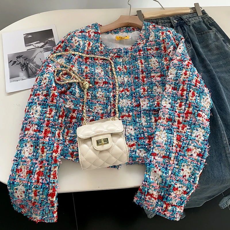 Women's Woven Coarse Patterned Plaid Long Sleeved Short Jacket High Quality Tweed Coats Elegant Outwear
