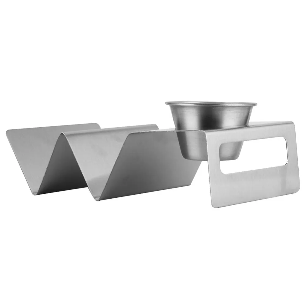 Soporte para Tacos de Acero Inoxidable con Taza para Salsa, Apto para Lavavajillas, Soporte Multifuncional Compacto para Tacos, Panqueques y Perritos Calientes