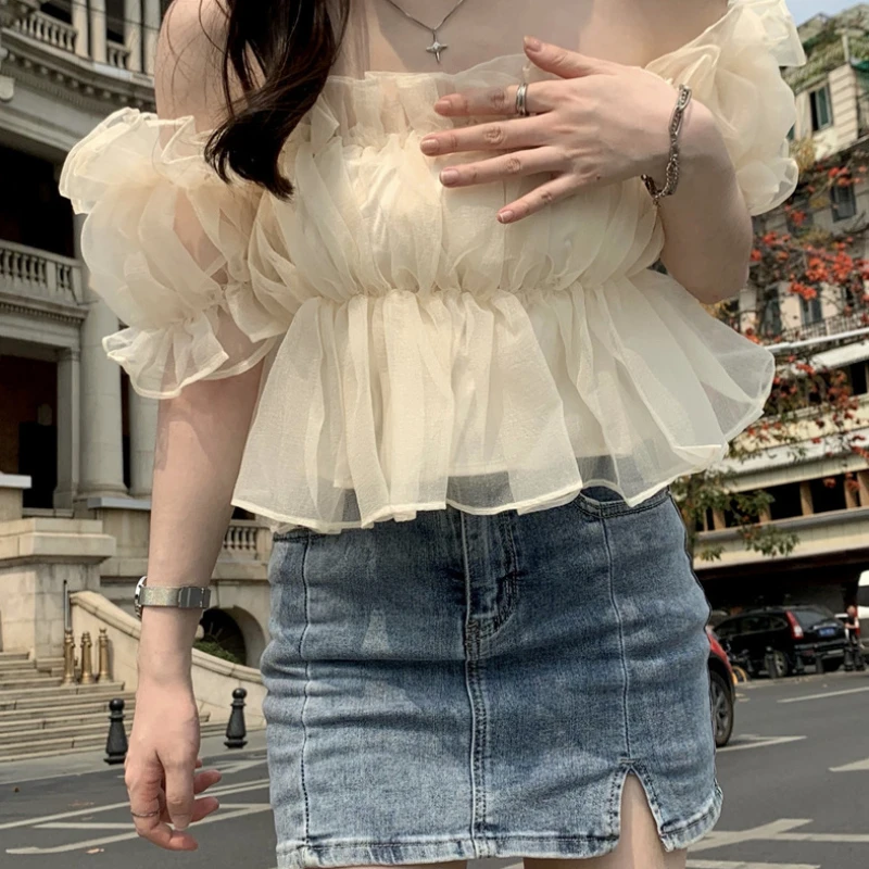 

Summer Woman Square Collar Ruffles Chiffon Shirts Female Slash Neck Pleated Blouses Short Puff Sleeve Folds Tops Blouses Q152