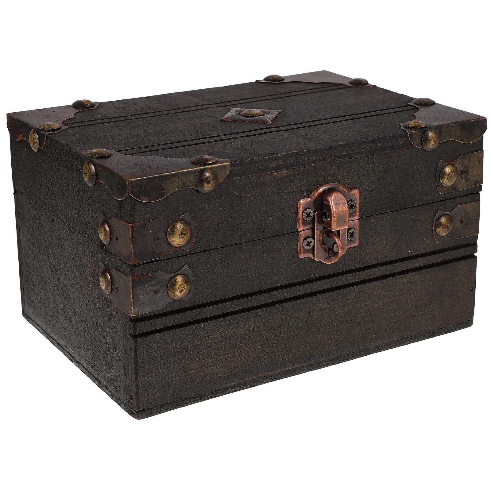 Wooden Treasure Chest Lock Vintage Jewelry Storage Box Pirate Theme Party Kids Trinket Case Retro Money Bank Organizer