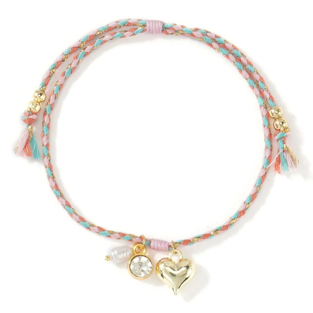 Sweetheart Charm Braided Bracelet Pearl Rhinestone Accessories Adjustable Multicolor String Jewelry for Women Boho Summer Gifts