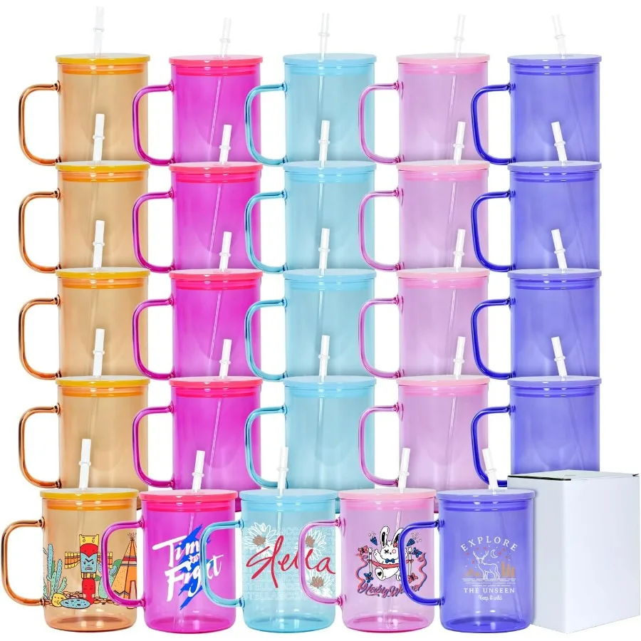 Espacios en blanco de vidrio de sublimación de 15 oz con tapa colorida y pajita, paquete de 25 para vasos personalizados: ideal para cerveza, jugo, leche, café, boros