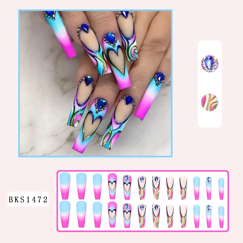 24Pcs Love Diamond Flame Long Coffin False Nails Press on Wearable Square Head Full Cover Fake Nail Tips Detachable nail