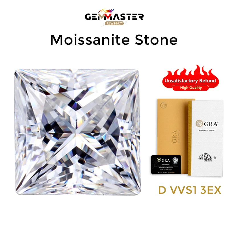 

Pristine Princess Cut Moissanite Stones untarnished D VVS1 3EX 0.8-6ct with GRA Certificate Synthetic Diamond for Jewelry Making
