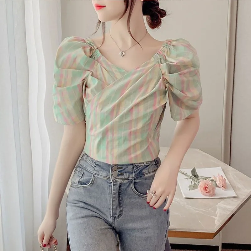 Lolita Style Sweet Plaid Blouses 2024 Summer New Women\'s Slash Neck Patchwork Folds Drawstring Bowtie Bubble Sleeve Short Shirts