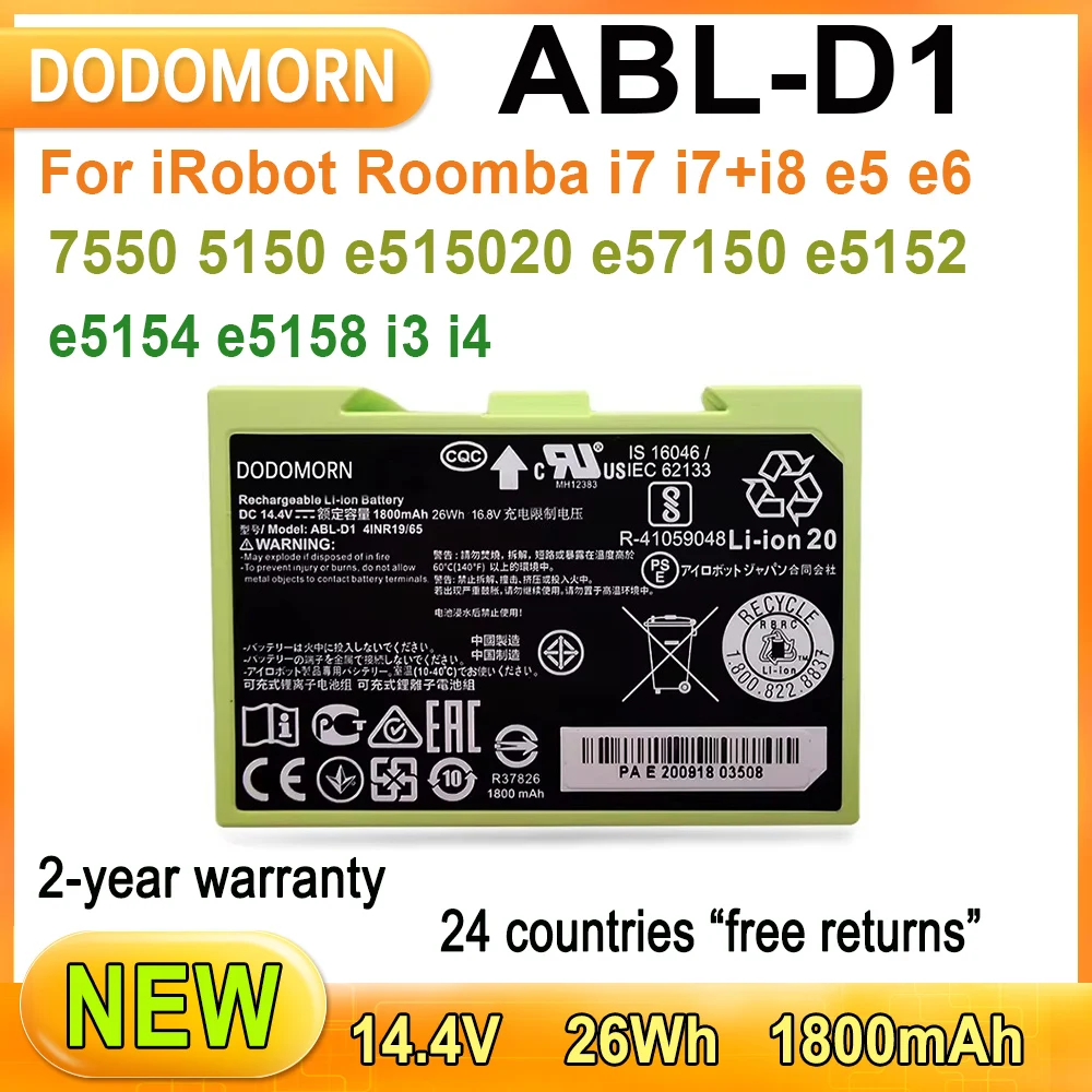 

NEW ABL-D1 High Quality Battery For iRobot Roomba i7+i8 e5 e6 7550 5150 e515020 e57150 e5152 e5154 e5158 i3 i4 26Wh 1800mAh