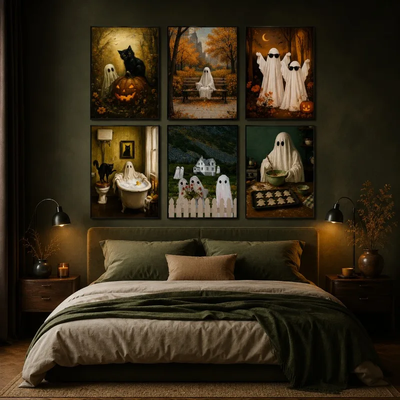 Vintage Cute Spooky Ghost Canvas Wall Art Halloween Black Cat Pumpkin Print Unframed Poster Dark Academia Holiday Wall Decor