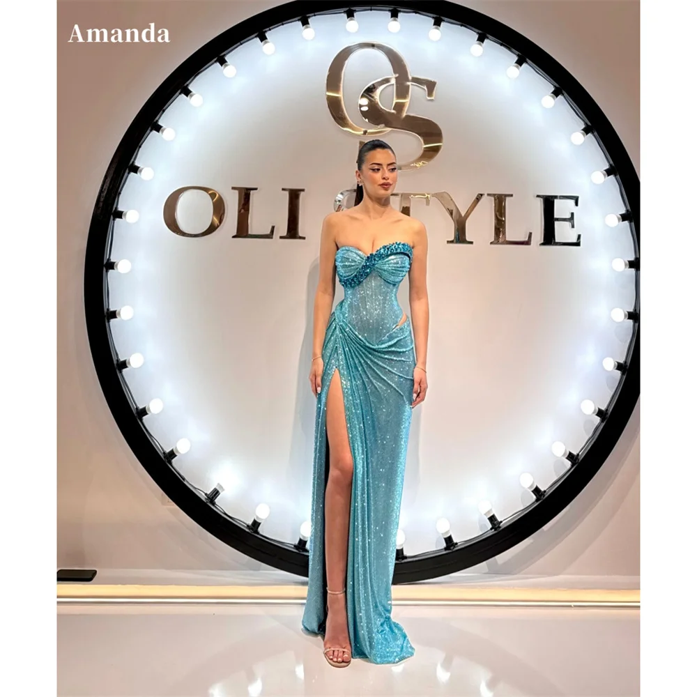 

Amanda Customized Blue Sweetheart Neck Glitter Prom Dresses Elegant Sleeveless vestidos de noche Side High Split Formal Evening