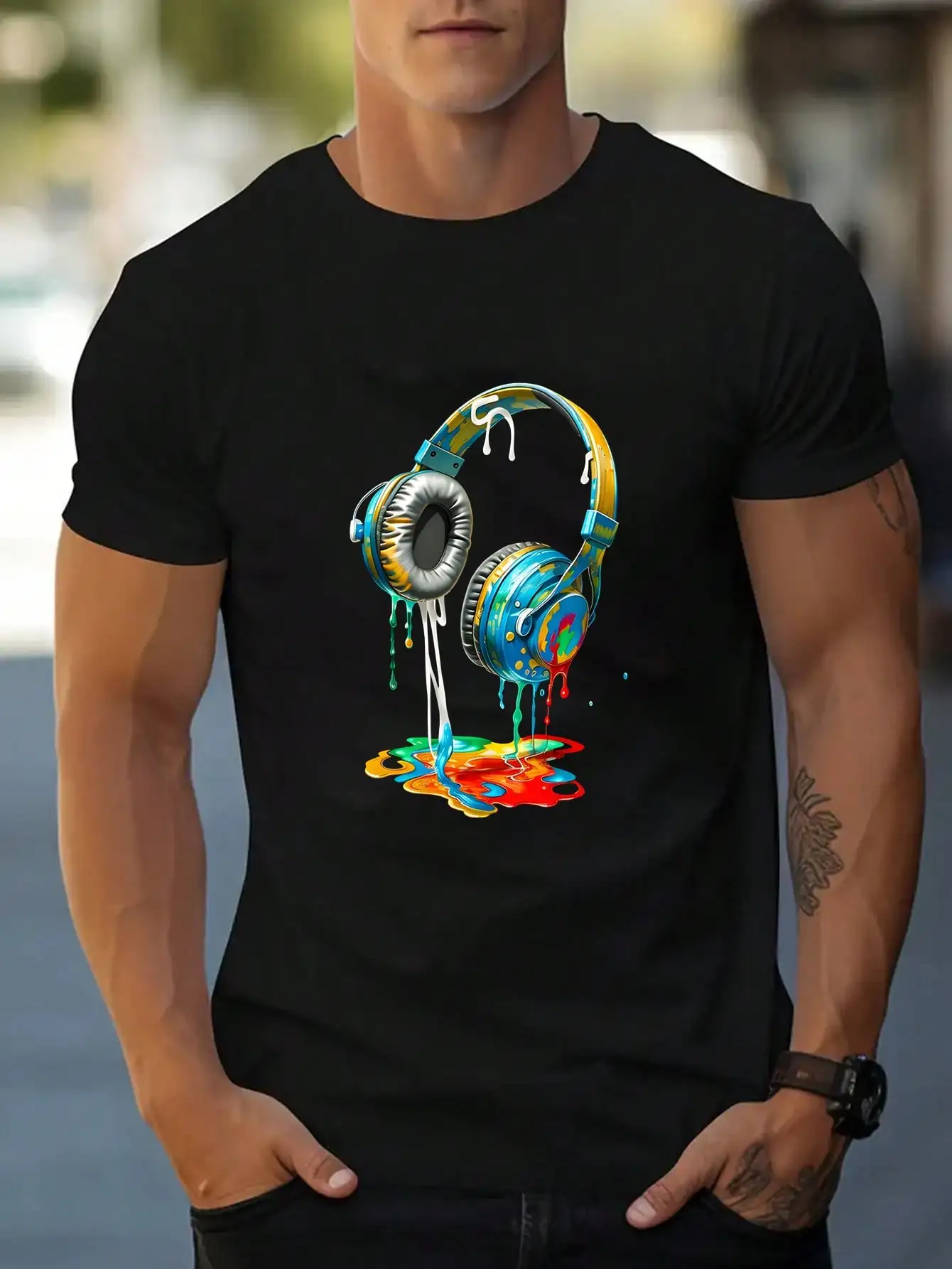 Summer hot selling new fashionable round neck men's summer short sleeved casual T-shirt, printed with headphone pattern