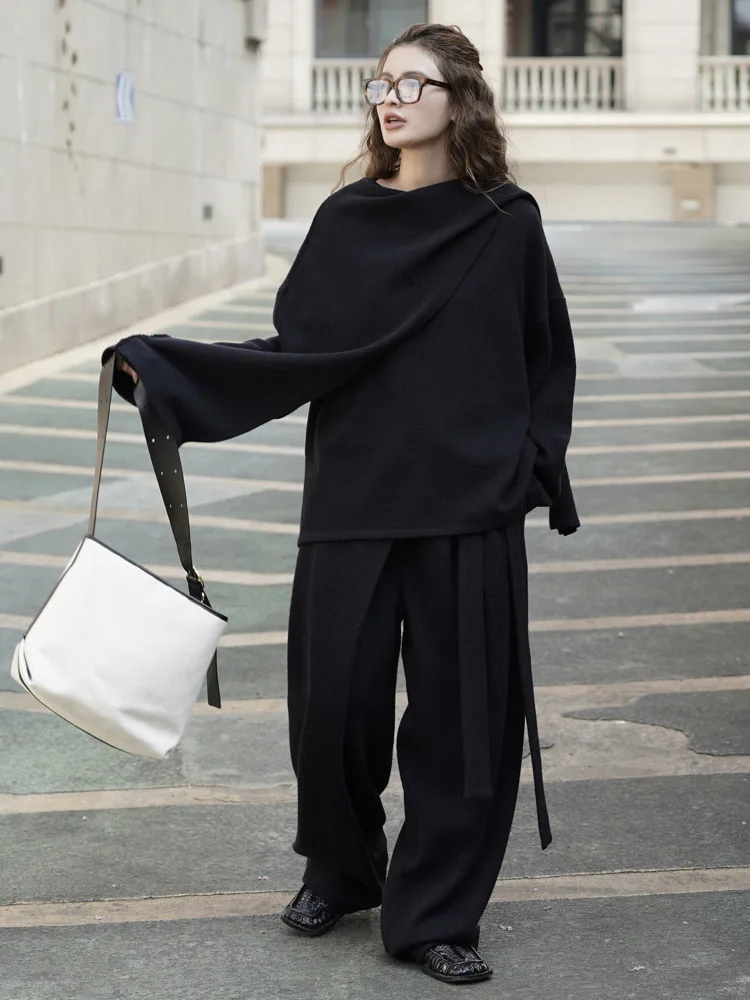 FANAN Office Lady Set da 2 pezzi Pullover a maniche lunghe irregolari da donna Top + Cintura a vita alta Pantaloni a vita raccolta 2025 Autunno Nuovo