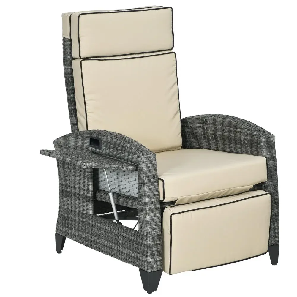 

Outdoor Recliner Chair with Cushions, PE Wicker Reclining Patio Lounge Chair with Adjustable Footrest, Armrests, Side Tray Tabl