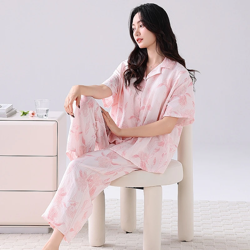 

Women's Floral Print Pajama Set Short Sleeve Lapel Top With Bra Inside And Pants Breathable Fabric Summer Sleepwear Loungewear