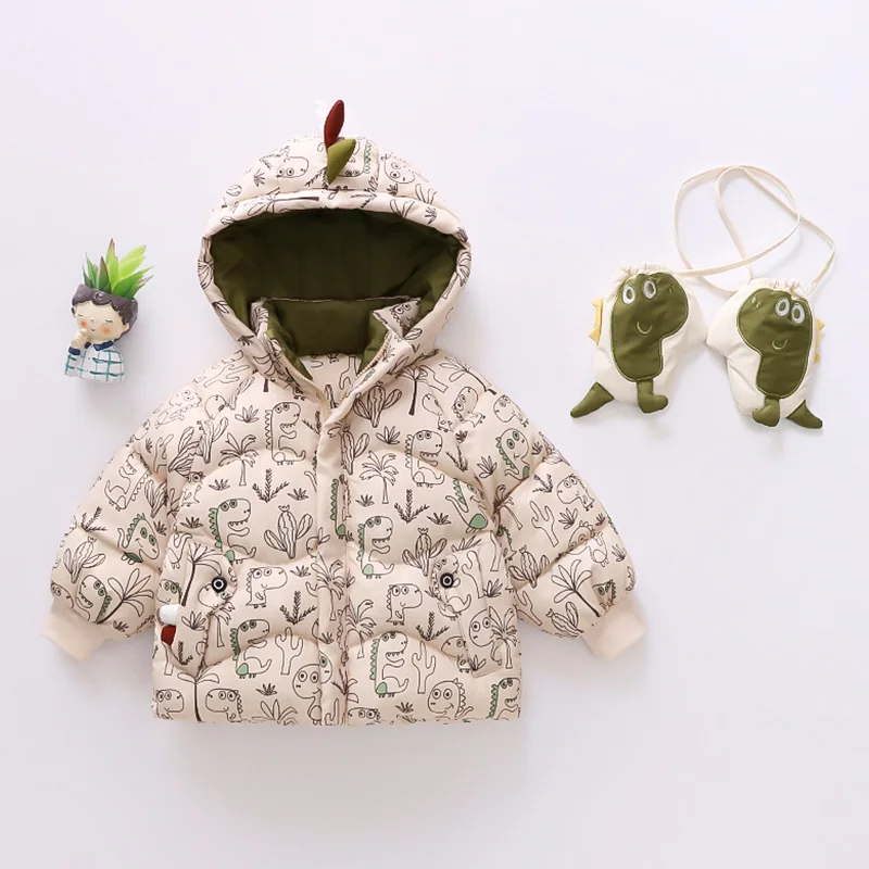 

Утепленная хлопковая куртка для малышей с принтом динозавров, теплая зимняя одежда для детей, корейский стиль, свободный крой, на молнии