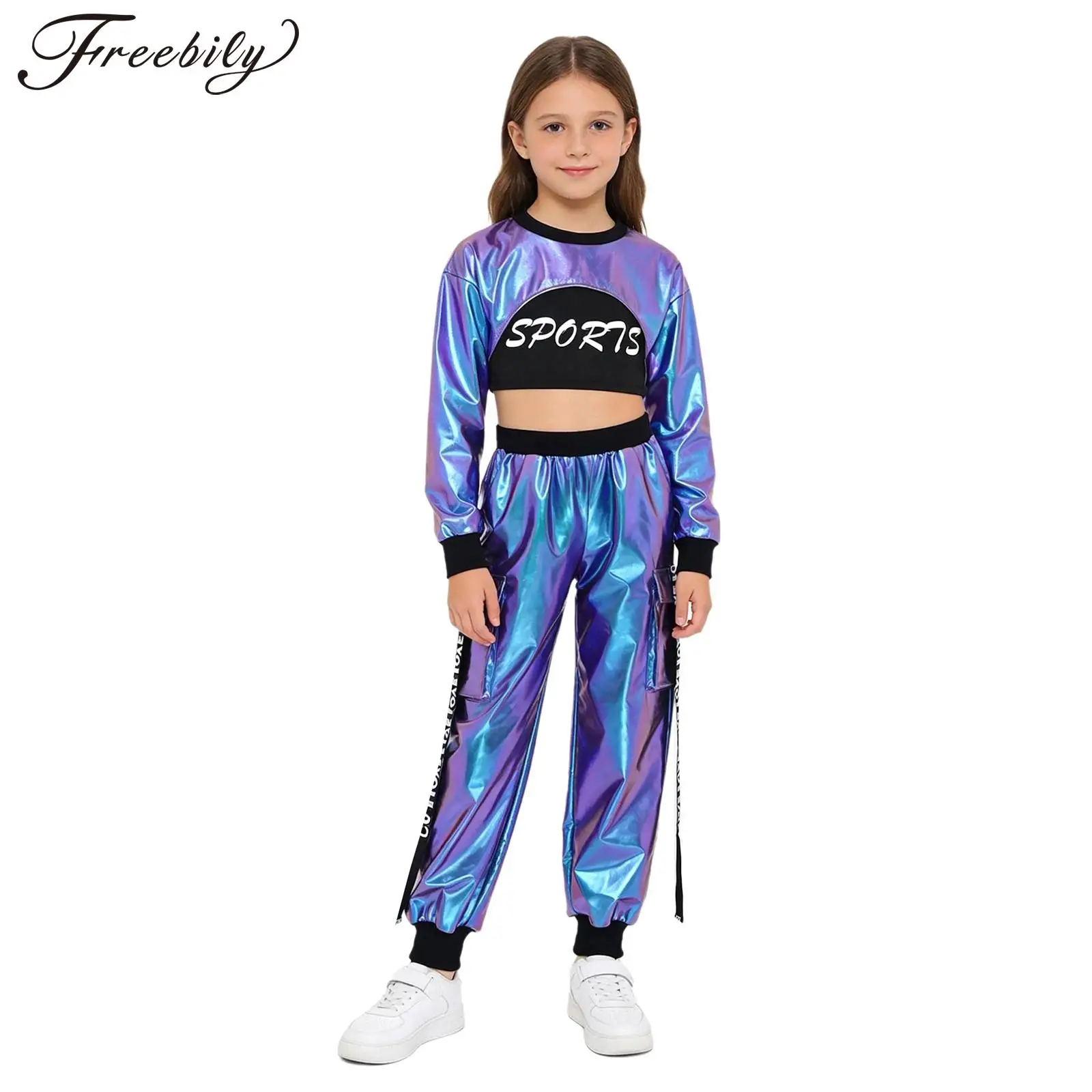 Girls Hip Hop Jazz Street Dance Outfits Metallic Glossy Pullover Top with Sport Tank Top Pants for Disco Party Stage Performance