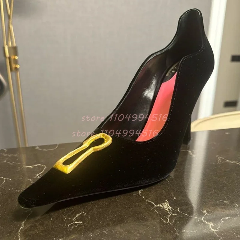 Gold Decor Pointed Thin High Heel Women's Black Shallow Slip On Cover Heel Pumps 2025 Luxury Fashion Party Ladies Single Shoes