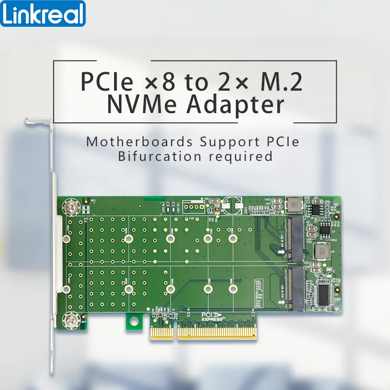 Linkreal Dual PCIe4.0 x8 to M.2 M Key NVMe Adapter Expansion Card for Motherboard Bifurcation-LRNV95N8