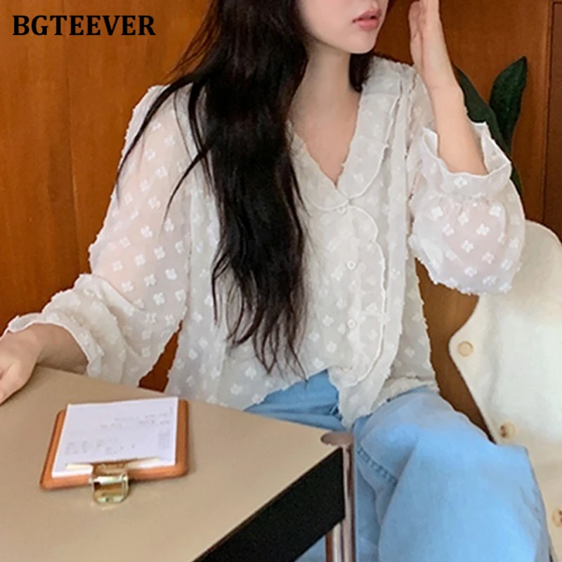 BGTEEVER Spring Summer Loose Label Women Shirts Elegant Long Sleeve Floral Female Chiffon Blouses Tops